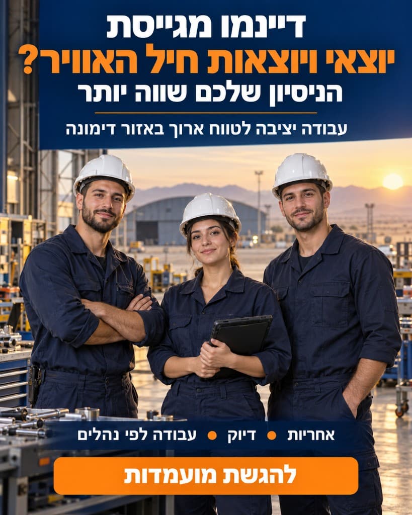 דיינמו מגייסת יוצאי ויוצאות חיל האוויר — עבודה יציבה לטווח ארוך באזור דימונה. אחריות, דיוק, עבודה לפי נהלים.